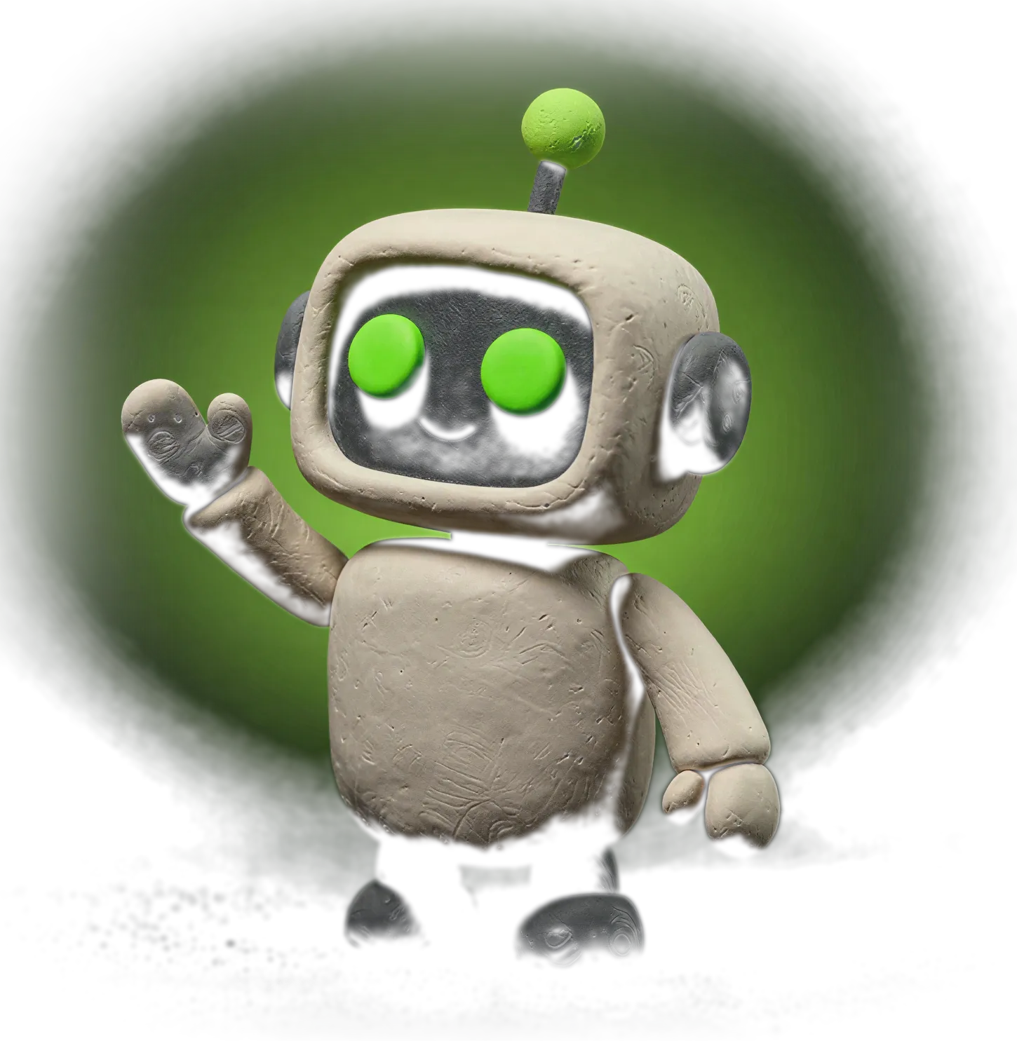 Byte, the clay robot mascot of Online IT BD, waving